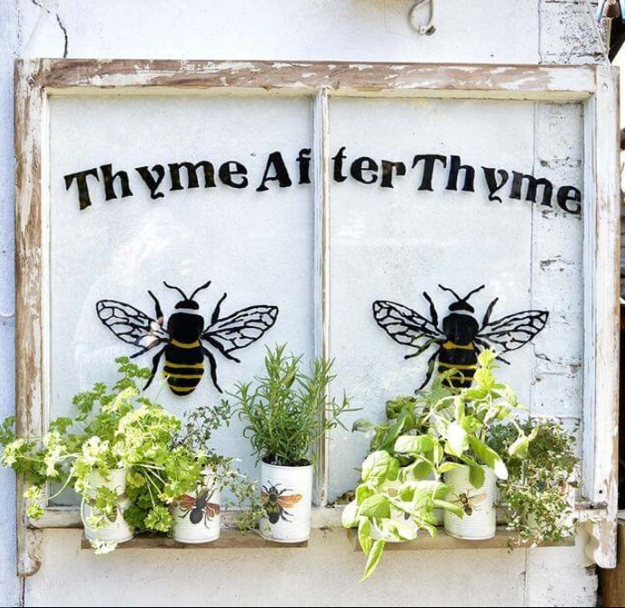 Bee Themed Painted Window with Herbs