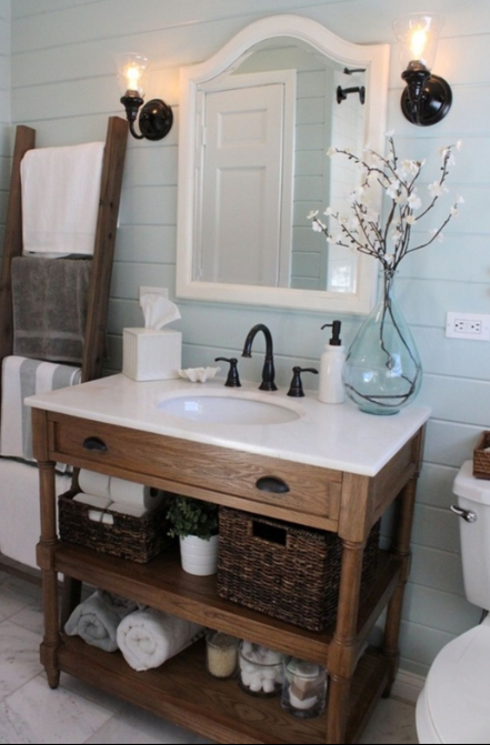 Cottage Bath with Painted Shiplap and Vintage Hardware