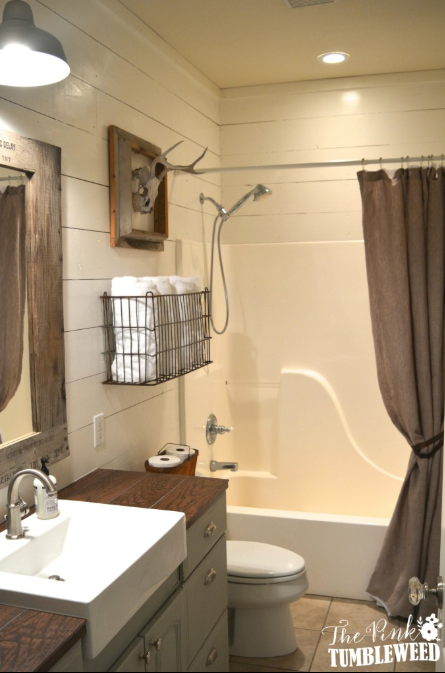 Hunter’s Bathroom Featuring Shiplap and Hunting Trophy