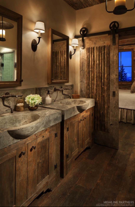 Rustic Bathroom Décor with Concrete Sinks and Barn Door