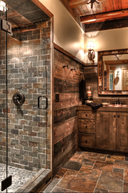 Stone Lodge Bathroom Featuring a Camo-edged Mirror
