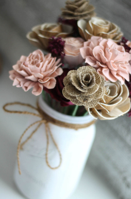 Farmhouse-Themed Burlap and Sola Wood Forever Flowers